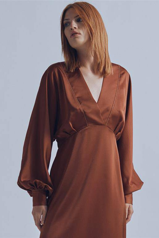 VESTIDO MAITE DE CETIM C/MANGA POETA - Carla Valente