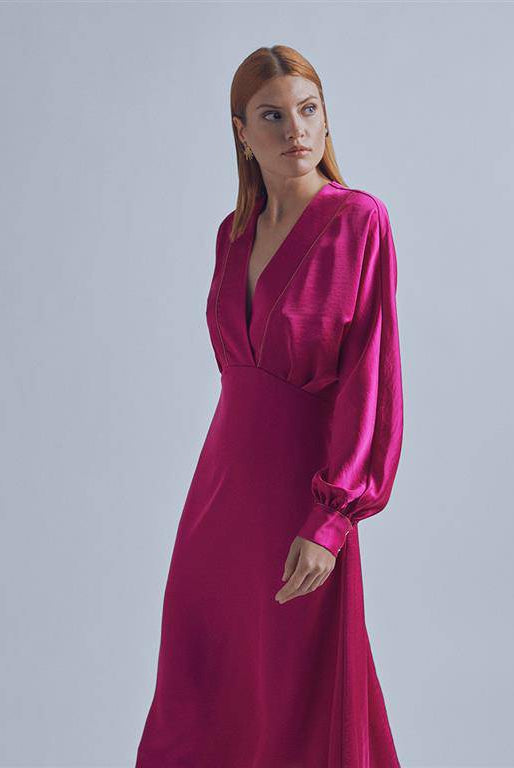 VESTIDO MAITE DE CETIM C/MANGA POETA - Carla Valente