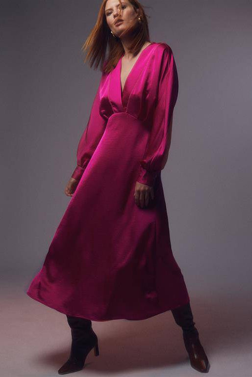 VESTIDO MAITE DE CETIM C/MANGA POETA - Carla Valente