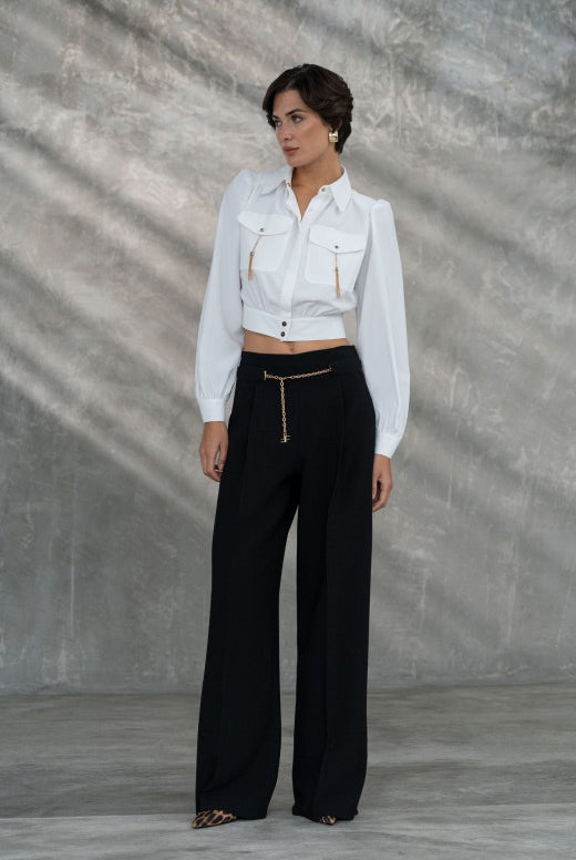 CALÇA FERRACHE WIDE LEG COM CINTO METÁLICO - Carla Valente