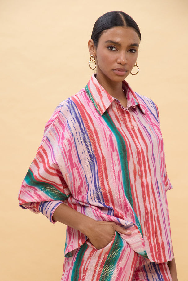 CAMISA LOLA CASADEMUNT OVERSIZE RISCAS MULTICOLOR LÚREX - Carla Valente