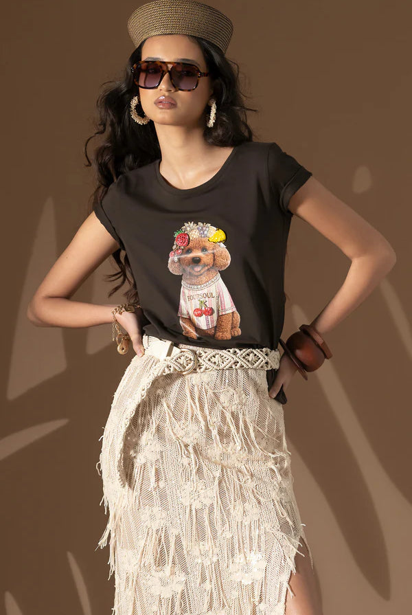 T-SHIRT FOURSOUL MALHA BÁSICA ESTAMPA PUPPY COROA FRUTAS - Carla Valente