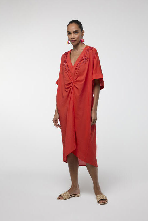 VESTIDO LOLA CASADEMUNT MIDI DE LINHO NÓ FRONTAL - Carla Valente