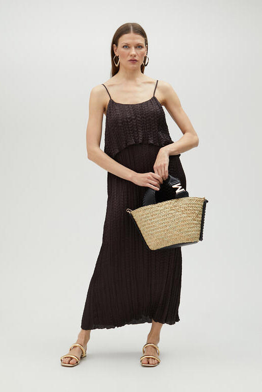 VESTIDO MAITE MIDI FALSO PLISSADO COM FOLHOS - Carla Valente