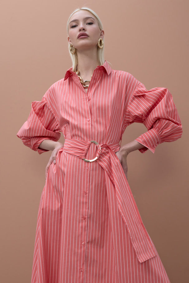 VESTIDO MAITE CAMISEIRO DE POPELONE COM RISCA E CINTO - Carla Valente
