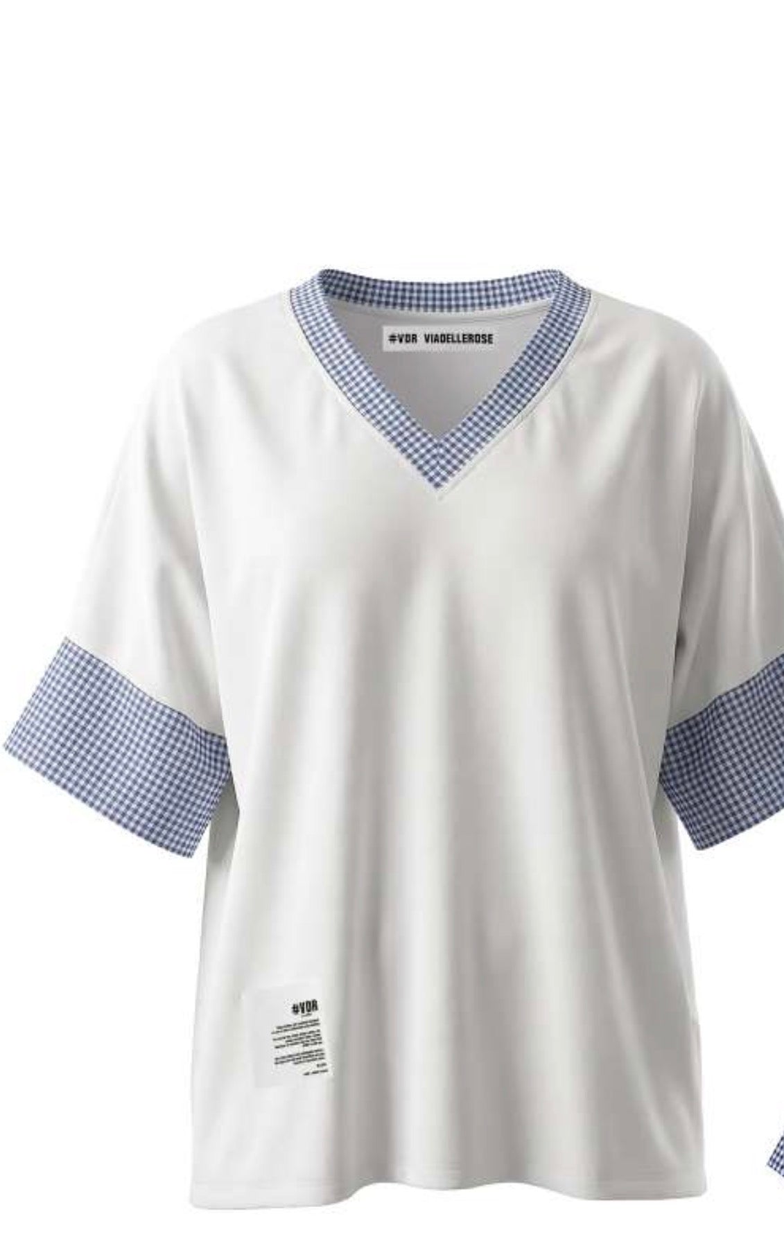 T-SHIRT VDR DECOTE EM V COM APLICAÇÃO TECIDO AO XADREZ - Carla Valente