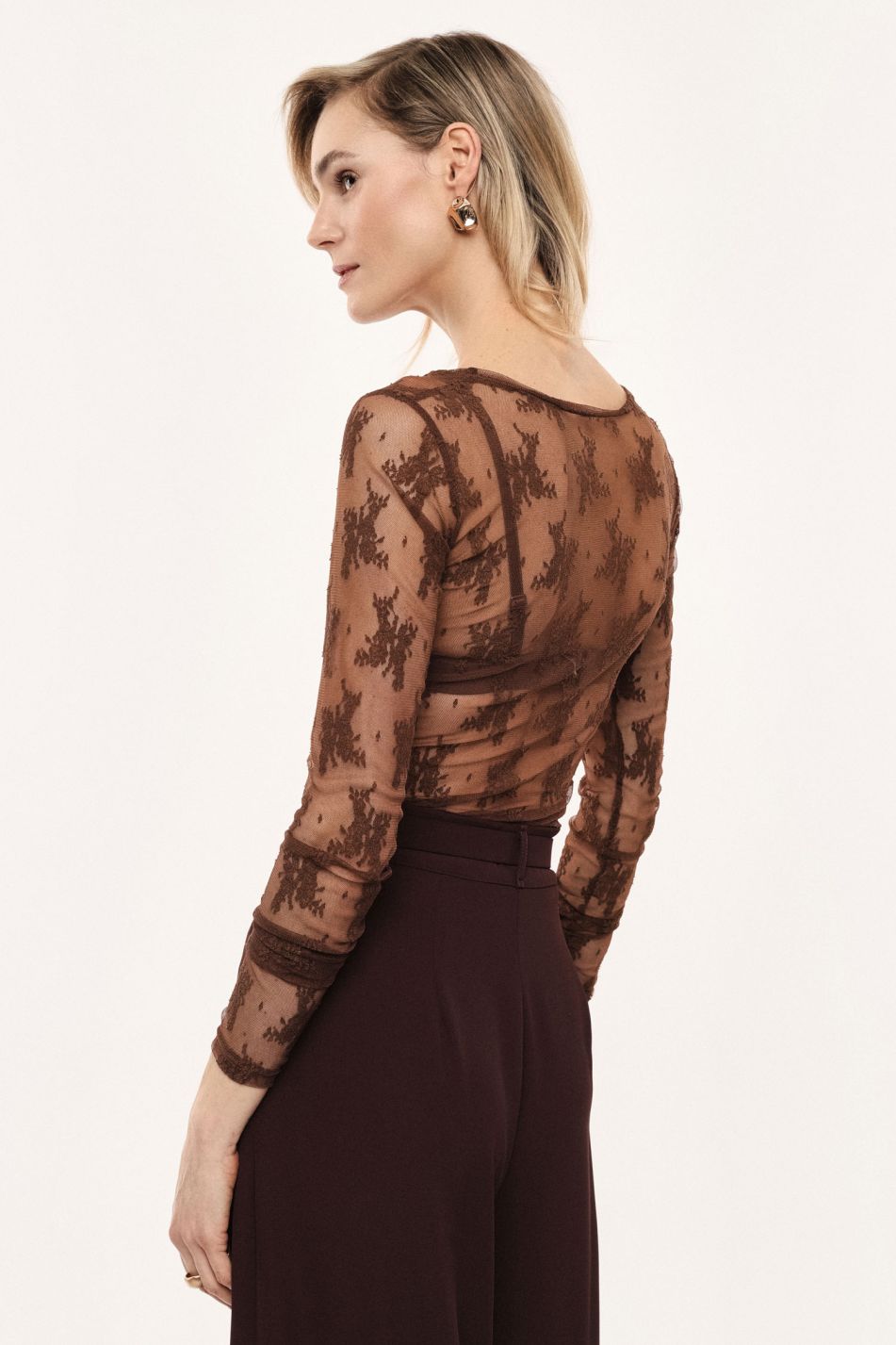 BLUSA IMPERIAL TRANSPARENTE MANGA COMPRIDA  RENDA FLORAL - Carla Valente