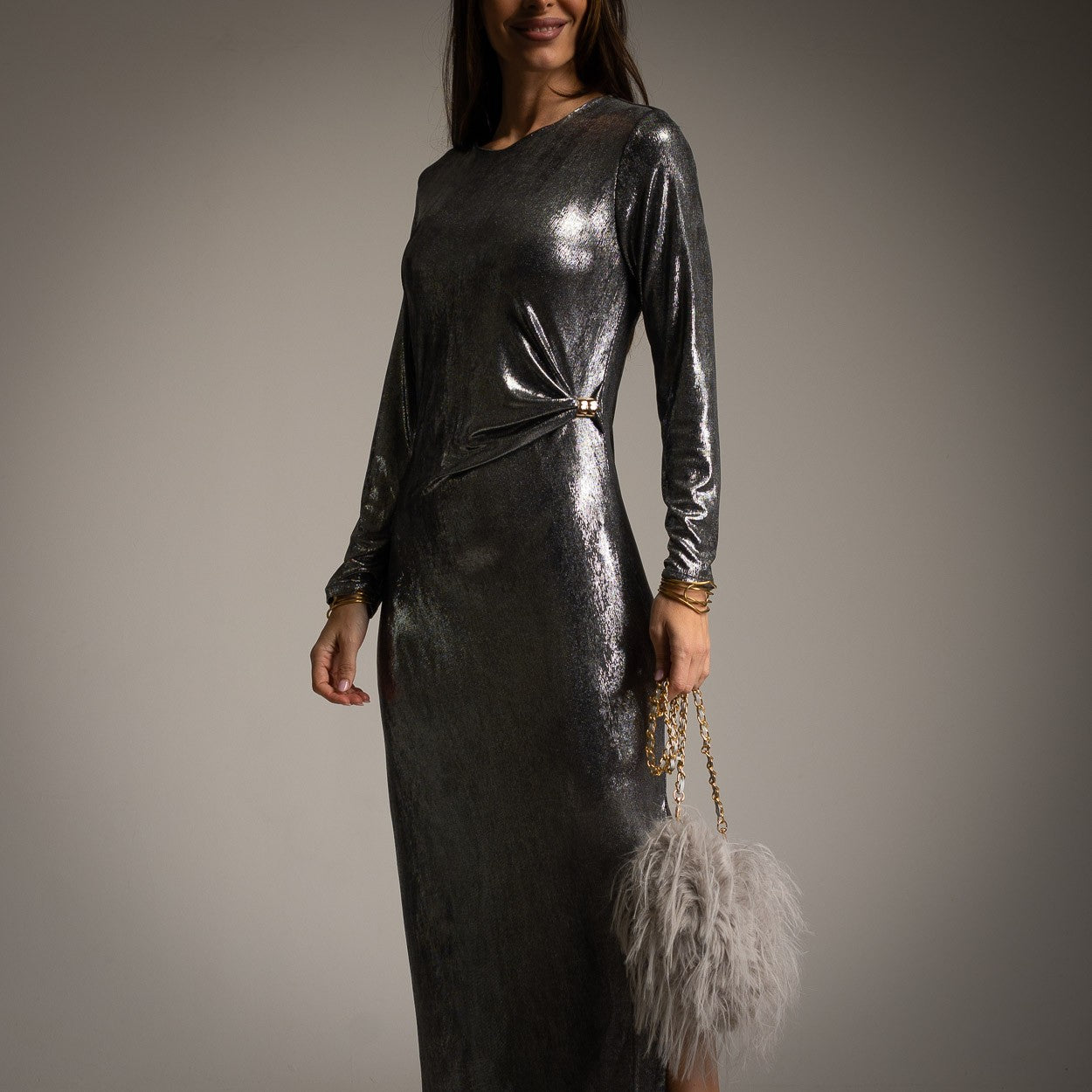 VESTIDO ALBNS METALIZADO DRAPEADO LATERAL - Carla Valente