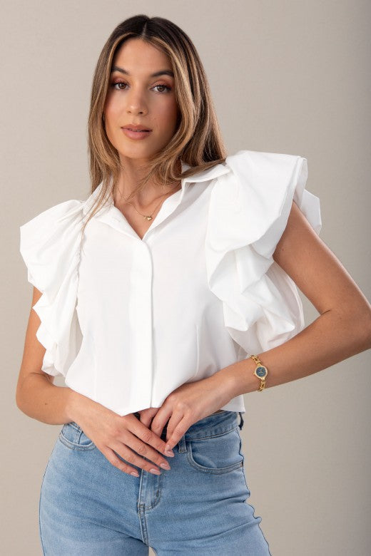 BLUSA FERRACHE CURTA COM MANGA DUPLA E FOLHOS - Carla Valente