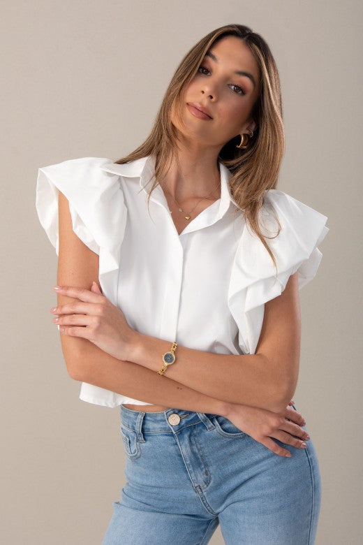 BLUSA FERRACHE CURTA COM MANGA DUPLA E FOLHOS - Carla Valente