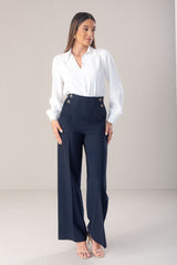 CALÇA FERRACHE WIDE LEG COM DETALHE BOTÃO PERSONALIZADO - Carla Valente