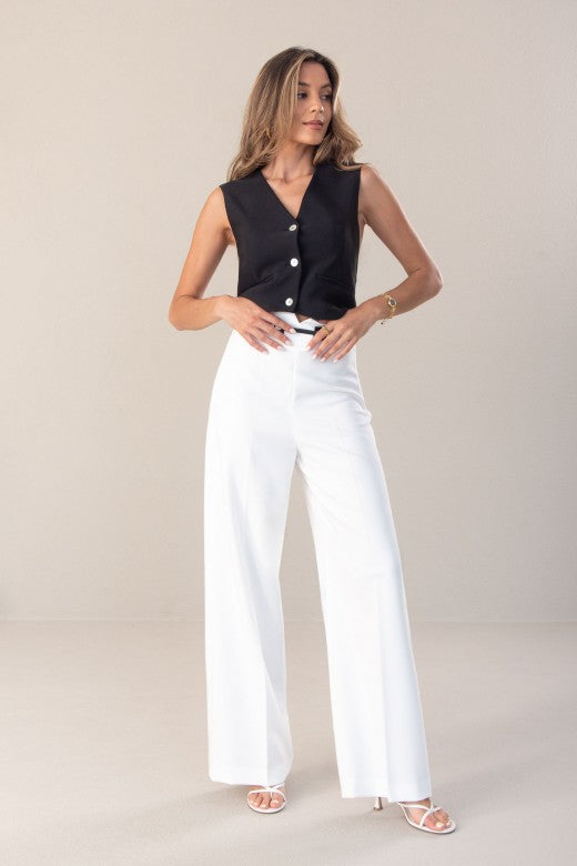 CALÇA FERRACHE WIDE LEG DE CINTURA SUBIDA DETALHE FRONTAL - Carla Valente