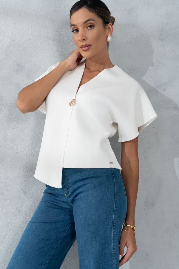 CASACO FERRACHE CURTO DE MALHA COM BOTÃO DOURADO - Carla Valente