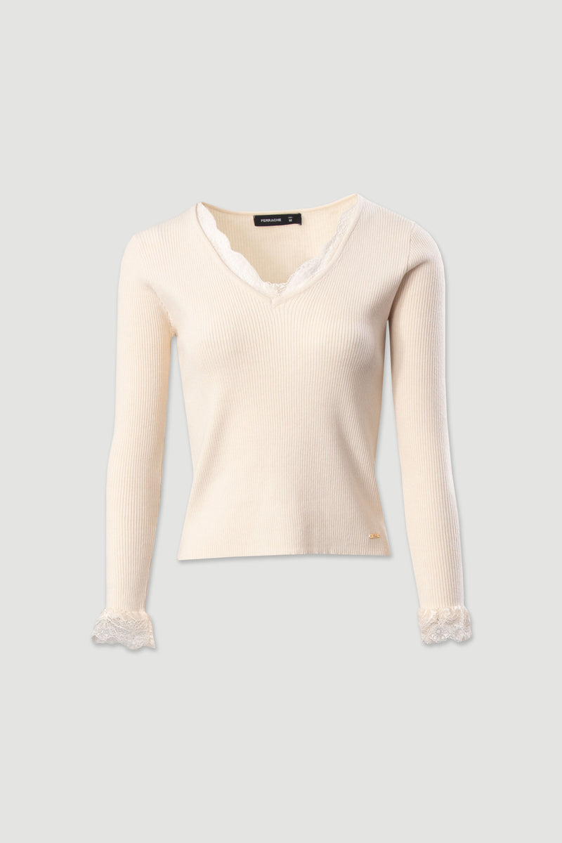 CAMISOLA FERRACHE CANELADA COM DETALHE EM RENDA - Carla Valente