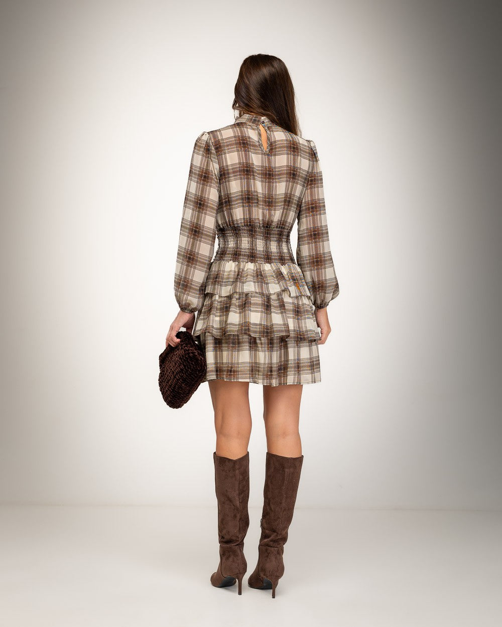 VESTIDO ALBNS  FORRADO DRAPEADO TARTAN COM FOLHOS - Carla Valente