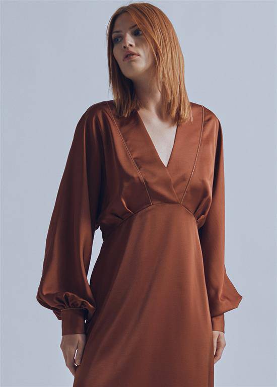 VESTIDO MAITE DE CETIM C/MANGA POETA - Carla Valente