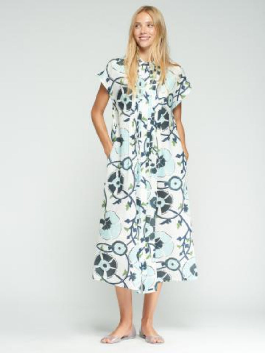 VESTIDO VILAGALLO JARETAS FLOR AZUL LINO PRINT - Carla Valente