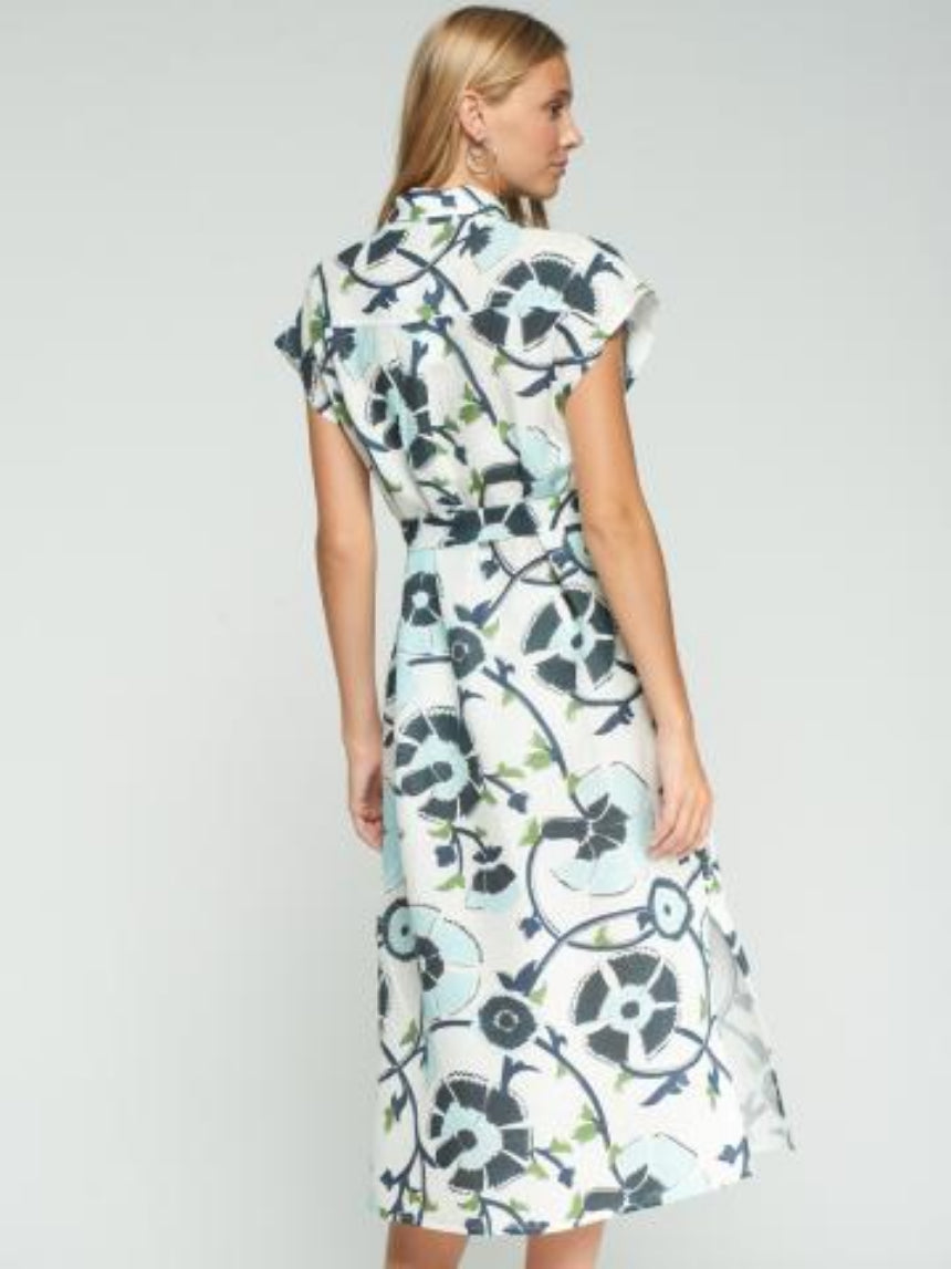 VESTIDO VILAGALLO JARETAS FLOR AZUL LINO PRINT - Carla Valente