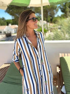 VESTIDO VILAGALLO  ISOTA CHERRIES RISCAS BEJE E MARINHO - Carla Valente