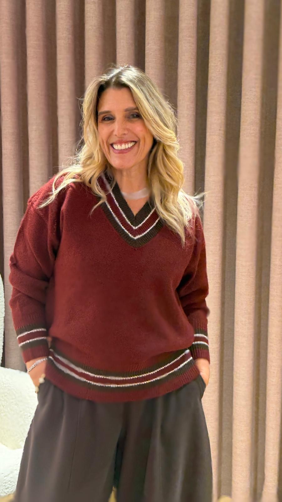 PULLOVER FERRACHE DECOTE EM V COM CONTRASTE - Carla Valente