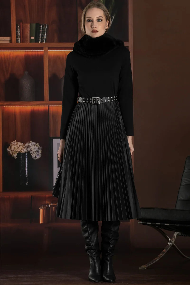 VESTIDO FOURSOUL MIDI COM SAIA ECOPELE PLISSADA - Carla Valente