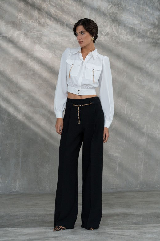 CALÇA FERRACHE WIDE LEG COM CINTO METÁLICO - Carla Valente