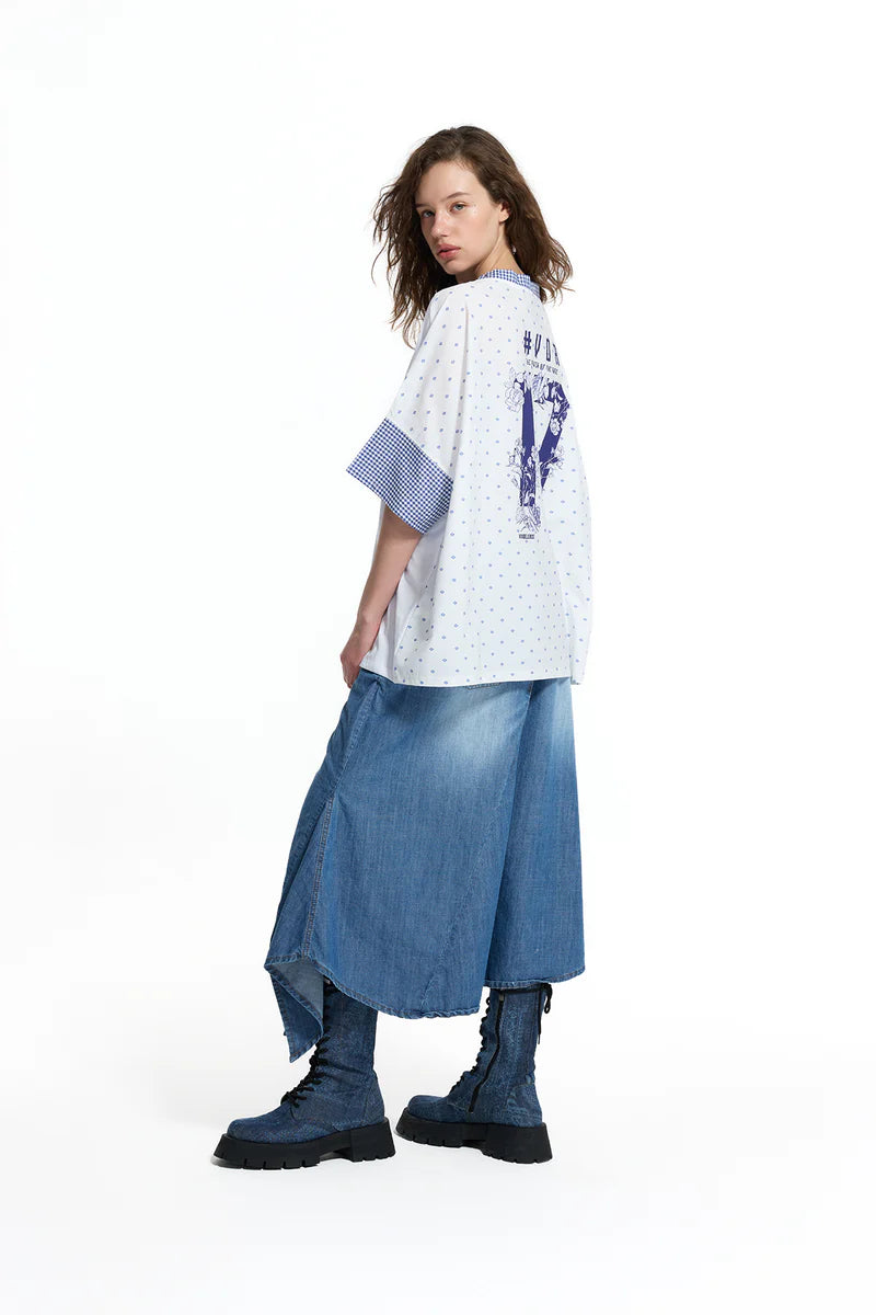 T-SHIRT VDR DECOTE EM V COM APLICAÇÃO TECIDO AO XADREZ - Carla Valente