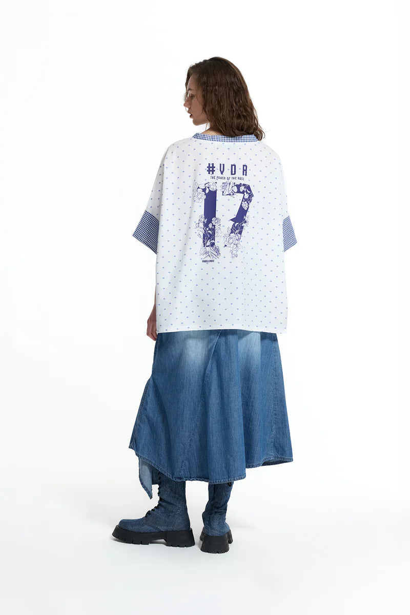 T-SHIRT VDR DECOTE EM V COM APLICAÇÃO TECIDO AO XADREZ - Carla Valente