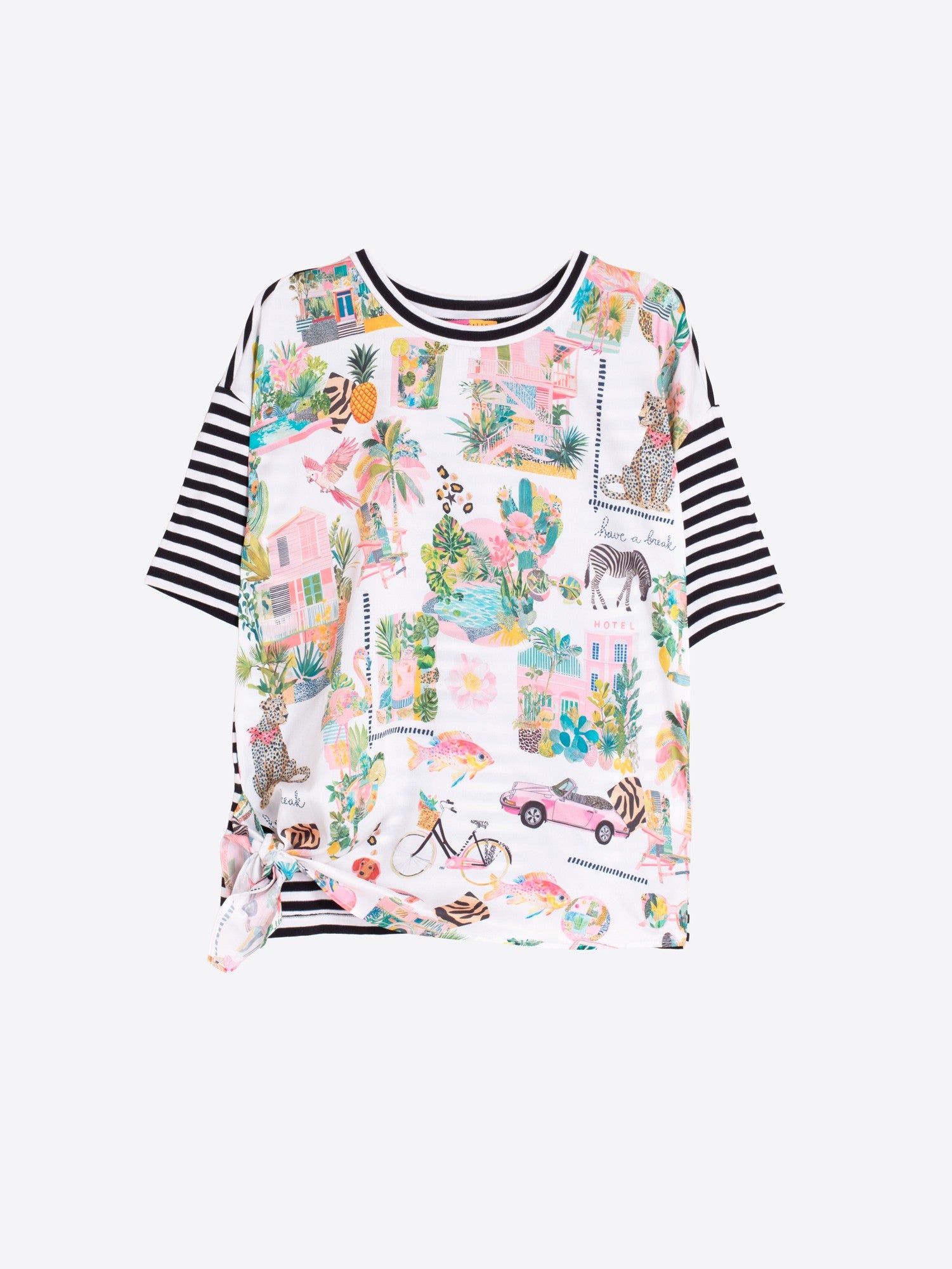 T-SHIRT VILAGALLO LISTRADA COM ESTAMPA TROPICAL NÓ LATERAL - Carla Valente