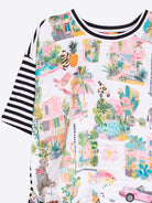 T-SHIRT VILAGALLO LISTRADA COM ESTAMPA TROPICAL NÓ LATERAL - Carla Valente