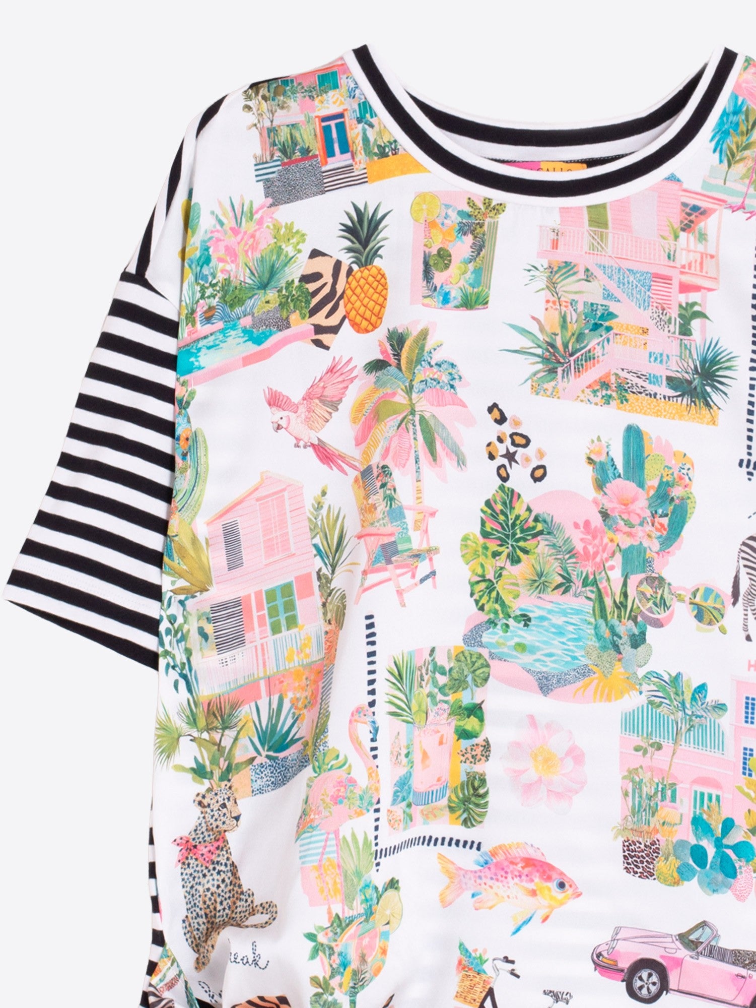 T-SHIRT VILAGALLO LISTRADA COM ESTAMPA TROPICAL NÓ LATERAL - Carla Valente