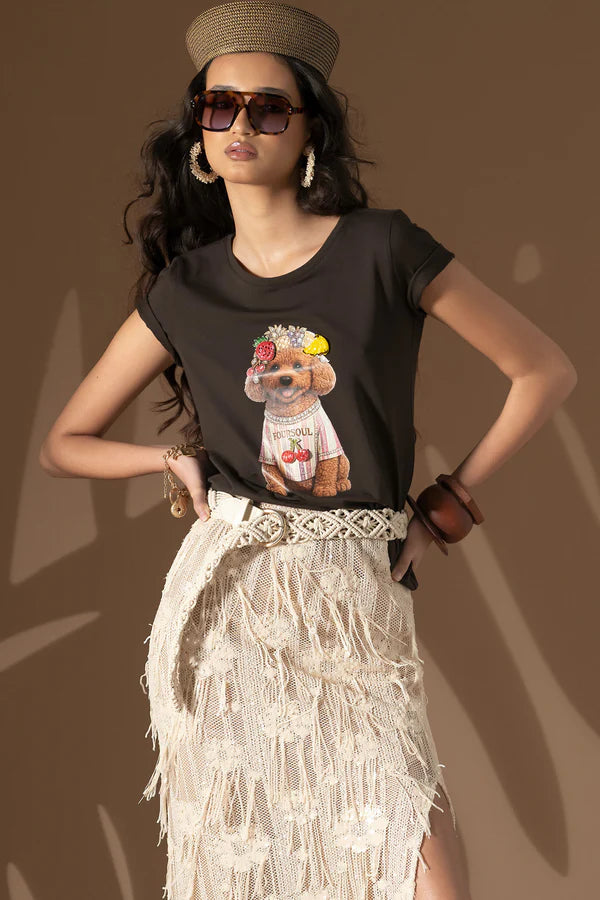 T-SHIRT FOURSOUL MALHA BÁSICA ESTAMPA PUPPY COROA FRUTAS - Carla Valente