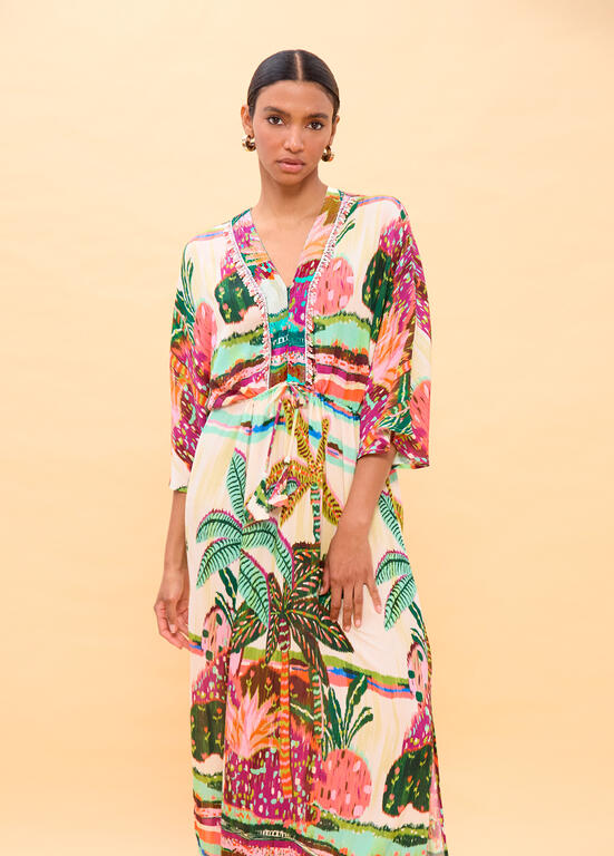 VESTIDO LOLA CASADEMUNT LONGO MANGAS LARGAS ESTAMPA PALMEIRAS - Carla Valente