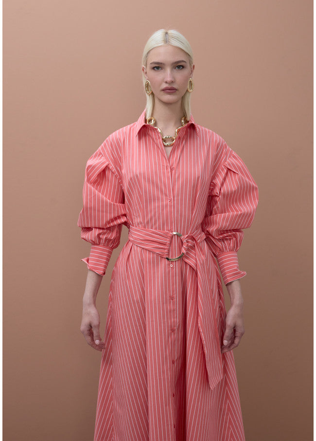VESTIDO MAITE CAMISEIRO DE POPELONE COM  RISCA E CINTO - Carla Valente