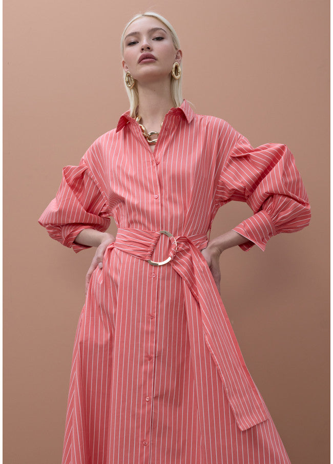 VESTIDO MAITE CAMISEIRO DE POPELONE COM  RISCA E CINTO - Carla Valente
